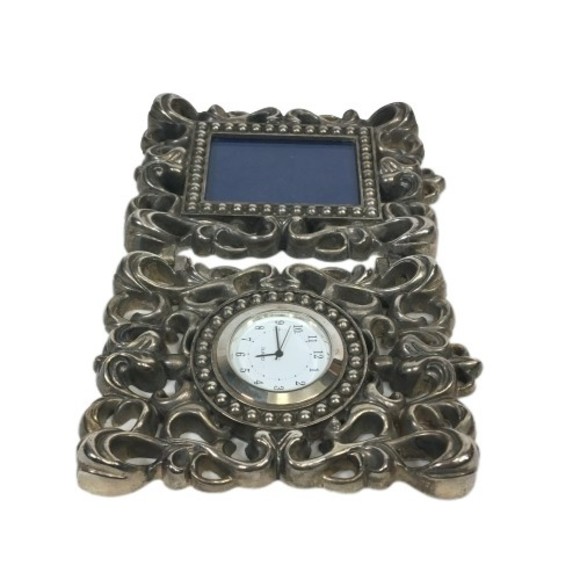 Silver-Plated Picture Frame & Clock Desk Top Beautiful Ornate Scroll Work Design - Picture 6 of 10